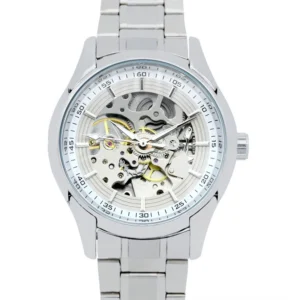 Round fully skeletonized steel mechanical wristwatch