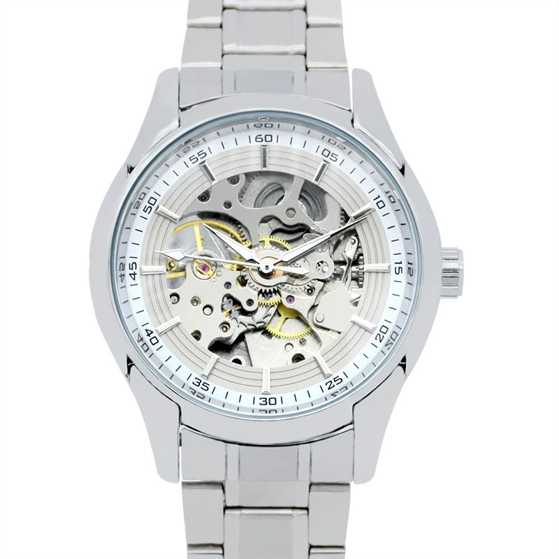 Round fully skeletonized steel mechanical wristwatch